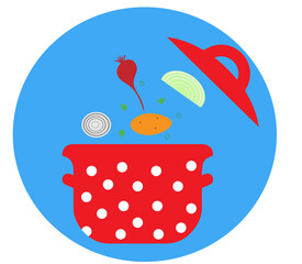 red saucepan with vegetables in a blue circle,