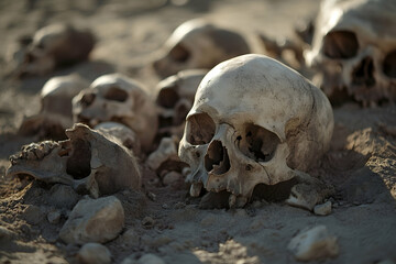 Scattered human skulls and bones on dusty ground, representing themes of war and extinction