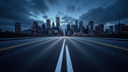 Fototapeta premium Bathed in sunset hues, an enchanting skyline rises against a gradient of deep blues, merging urban silhouettes with twilight's embrace. Majestic skyscrapers pierce the darkening heavens as day softly 