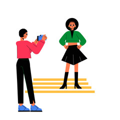 Photographer Taking A Picture Of Female Model Posing On Steps In Flat Vector Illustration Symbolizing Professional Photography, Photoshoot, And Fashion Modeling, Isolated On White Background