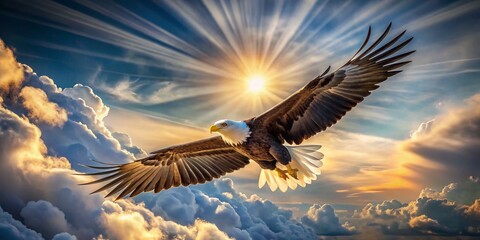 Obraz premium Majestic Bald Eagle Soaring Through Sunlit Clouds - Wildlife Photography