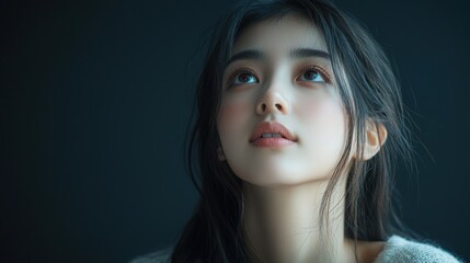 Fototapeta premium Dreamy gaze of a young woman with dark hair looking upwards in the dark Generated AI