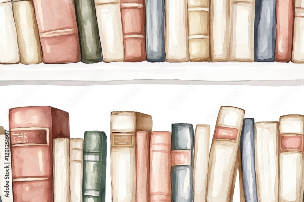 Poster stacked books on a shelf with various covers and titles