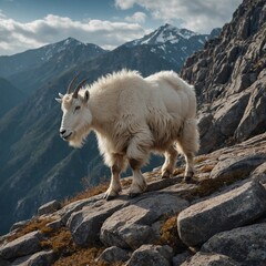 mountain goat on the mountain. White Mountain Goat: The adaptations of white mountain goats, focusing on their ability to live in rocky, snowy high-altitude environments.