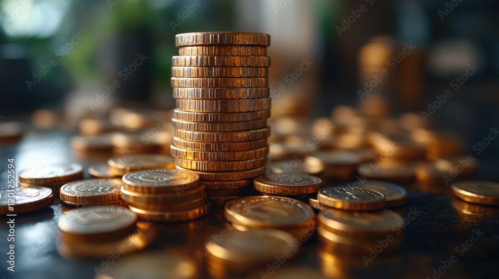 Aufkleber stack of coins on wooden table with no background distractions