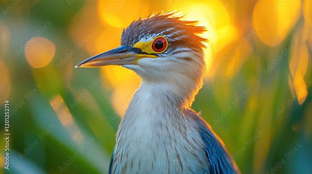 Poster a close-up shot of a bird's face, featuring bright red eyes and a sharp beak