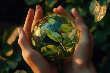 A person holds a green globe in their hands, representing environmental awareness and sustainability