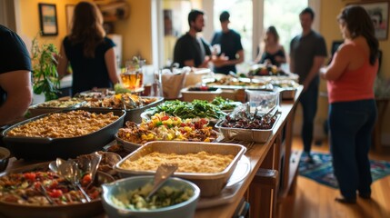 Indoor Party Buffet Table with People Gathering