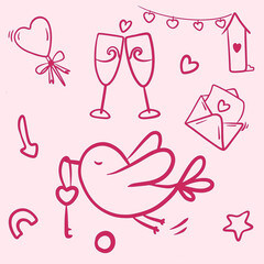 Vector pink line illustration in doodle technique with bird with key, heart-shaped candy, glasses, house, letter, packaging design