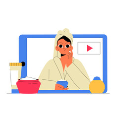Woman in Bathrobe Applying Skincare Products for Video Blog in Flat Vector Illustration Symbolizing Beauty Routine, Skincare Tips, and Online Tutorial, Isolated on White Background
