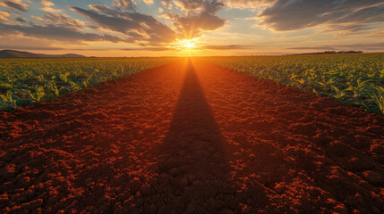 Agricultural field path leading toward sunset horizon, farming landscape photography
