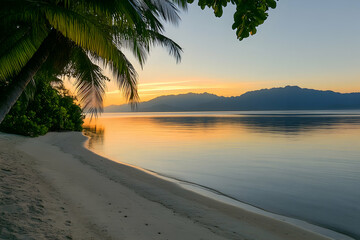 Fototapeta premium Serene beach sunrise with soft light reflecting on calm waters, tranquil nature perfect for relaxation
