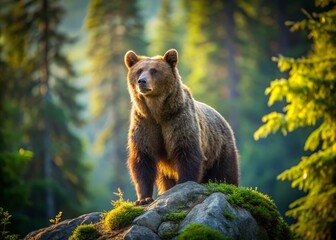 Obraz premium Majestic Brown Bear on Summer Rocks: Wild Ursus Arctos in Woodland