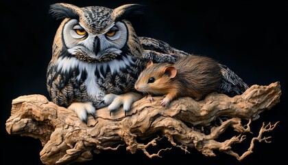 Imposing Owl Perched on Branch Regards Curious Vole in Wildlife Encounter on Black Background
