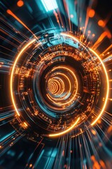 A unique spiral shaped object illuminated by orange and blue lights