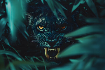 Ferocious predator in dense jungle with sharp teeth and piercing eyes, an ancient creature in focus