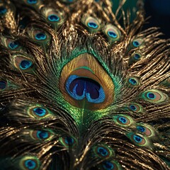 Obraz premium close up of peacock feather. peacock feather close up. Close up of a male peacock displaying its stunning tail feathers.