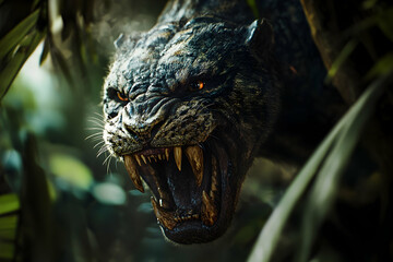 Ferocious predator in dense jungle with sharp teeth and piercing eyes, an ancient creature in focus