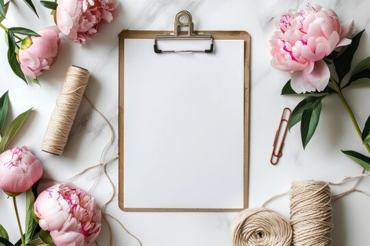 top view of clipboard mock up blank paper A4 pen yarn pink peonies flower on white table