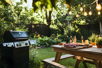 Festive backyard party scene with a grill, wooden table, and lush greenery in a sunny summer garden