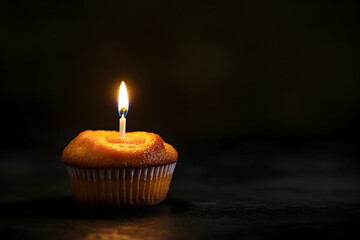 Festive birthday cupcake with a single lit candle, celebrating special moments with a simple and joyful touch