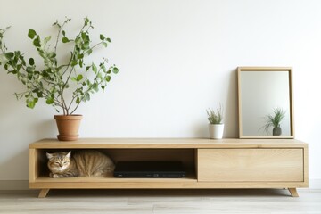 Serene Minimalist Living Room with a Relaxed Cat