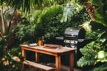 Festive backyard party scene with a grill, wooden table, and lush greenery in a sunny summer garden