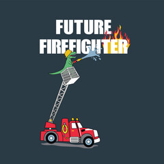 Cute animal character using fire truck to extinguish fire, heroic and playful vector design
