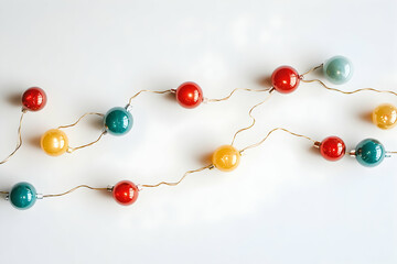 Festive Christmas string lights arranged on a white background with copy space for holiday designs
