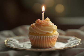 Festive birthday cupcake with a single lit candle, celebrating special moments with a simple and joyful touch