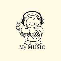 Cute animal vector illustration of a joyful creature enjoying listening to a music ringtone on headphones


