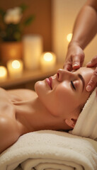 Woman receiving facial massage in candlelit spa