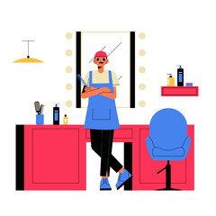 Male Barber Standing In Salon With Scissors In Flat Vector Illustration Symbolizing Hairdressing Services And Barber Shop, Isolated On White Background