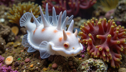 Elegant white nudibranch exploring colorful reef wall, underwater beauty