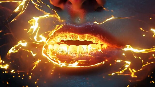 A close-up of lips with glowing orange energy, symbolizing power and expression.