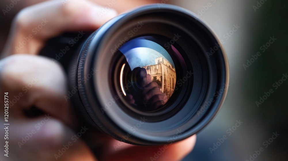 Poster a person holding a camera, suitable for use in articles about photography or as a representation of 