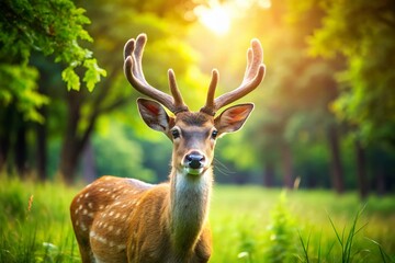 Fototapeta premium Majestic Deer with Velvet Antlers in Forest Meadow - Wildlife Photography