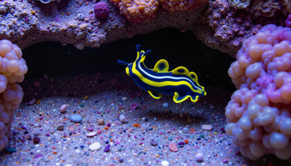 Fototapeta premium Vibrant nudibranch exploring coral crevice, underwater beauty