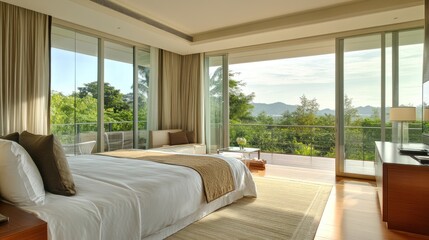 Fototapeta premium Luxurious bedroom with nature view features a comfortable bed and an open balcony