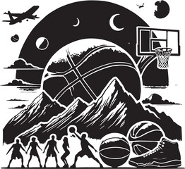 Black Color Basketball Silhouette Vector Illustration, Solid White Background