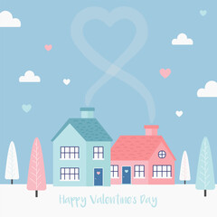 Minimalistic card for Valentine's Day. Concept of loving houses. Vector flat illustration