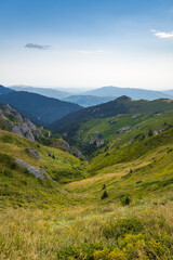 Naklejka premium A Green Valley Surrounded By Rocks, Forest And Blue Sky In The Background With Blue Sky