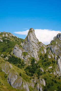 Towering Rock Formations On A Hill Covered With Green Grass And Pine Trees, Blue Sky With Clouds In The Background