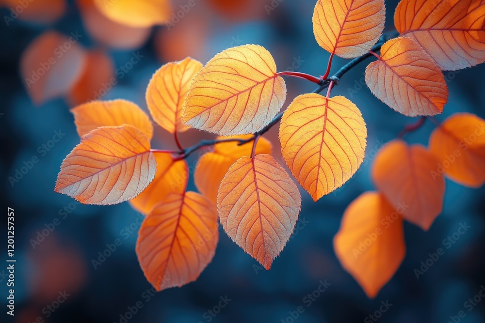 Poster a close-up view of a branch featuring vibrant orange leaves, ideal for use in nature-inspired design