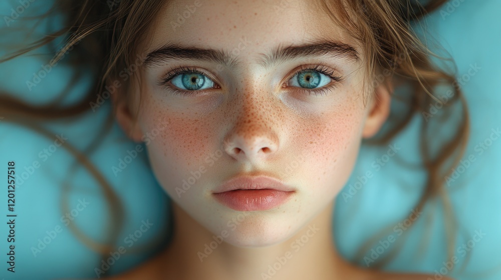 Poster close-up portrait of a person with distinctive freckles on their face, suitable for use in beauty or