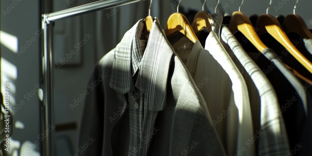 Poster a rack of clothes hanging in a room with a simple background