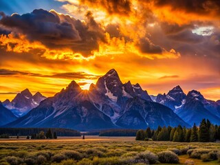 Obraz premium Majestic Grand Teton Silhouette at Sunset - Dramatic Wyoming Landscape Photography