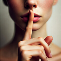 A woman holding her index finger to her lips, signaling to be quiet and stop talking loudly. The photo is a close-up from below the nose to her hand.