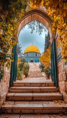 Golden Dome of the Rock Islamic Shrine, Jerusalem, Israel, Framed by Stone Archway and Autumn Leaves