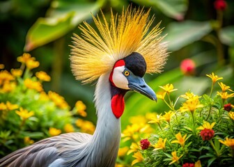 Fototapeta premium Majestic Grey Crowned Crane in Lush Garden - Macro Photography